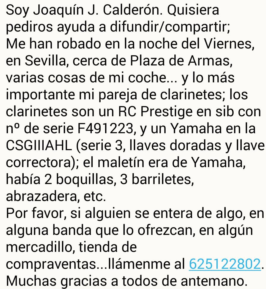 Le han robado dos clarinetes a esta persona. Máxima difusión de este tweet por favor que no cuesta nada