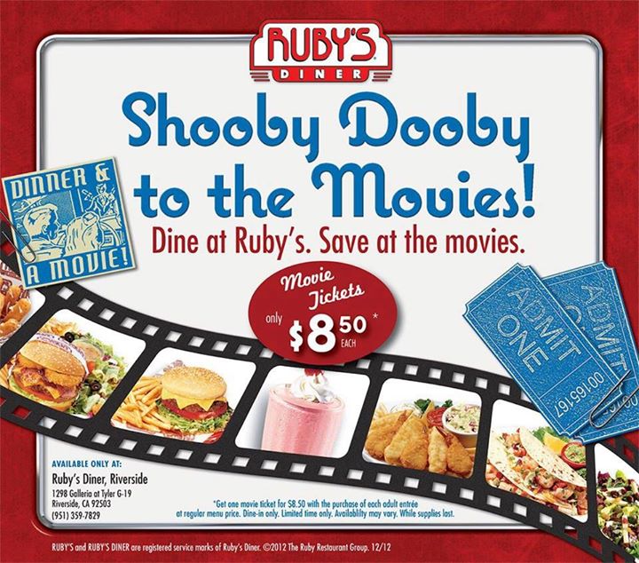 RubysPV's tweet photo. Shooby dooby down to Ruby's for Dinner &amp; a Movie! The Premium Movie tickets are only $8.50 w/purchase of an entree... http://t.co/vP9ufJDjtS