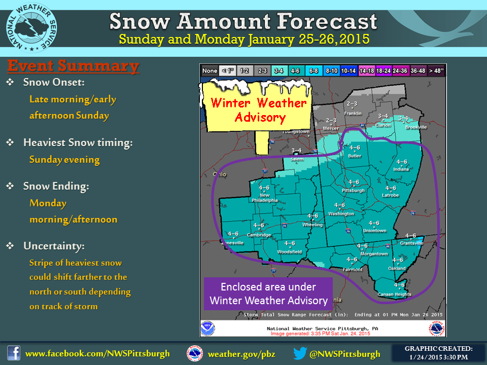 NWSPittsburgh's tweet photo. Interested in the snowfall forecast for your area? Here is our latest info on the system set to arrive Sun afternoon. http://t.co/pjKI4DVDhq