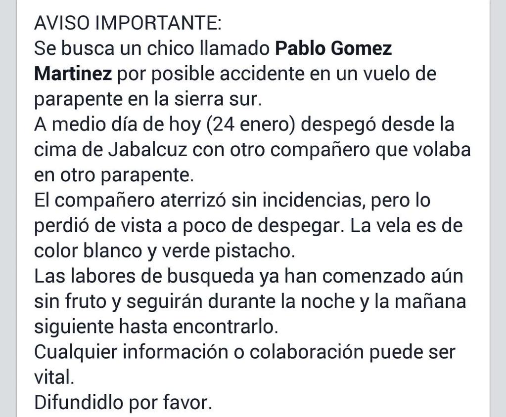 guardiacivil's tweet photo. Urgente RT Buscamos a Pablo, desaparecido cuando hacia parapente en #Jaén. Si puedes ayudar llama 062. Mas datos http://t.co/UDNBmiYwgp