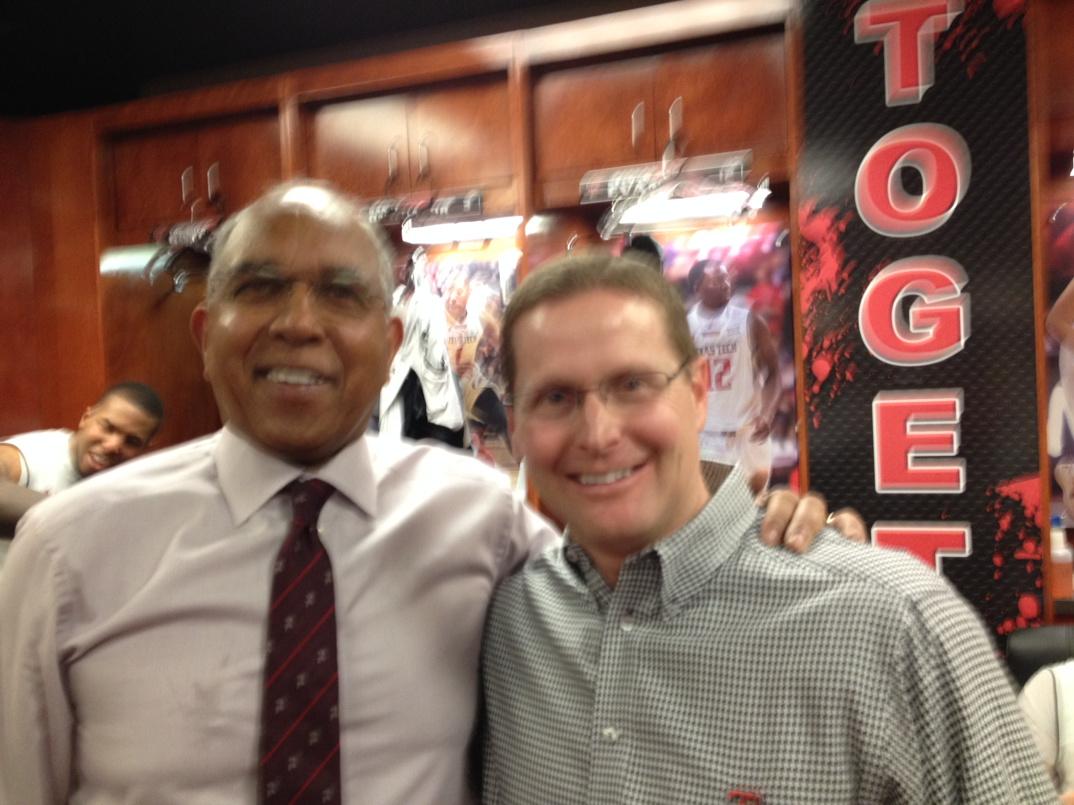 AD Kirby Hocutt congratulates Tubby Smith on the big victory by the Red Raiders over #9 Iowa St.