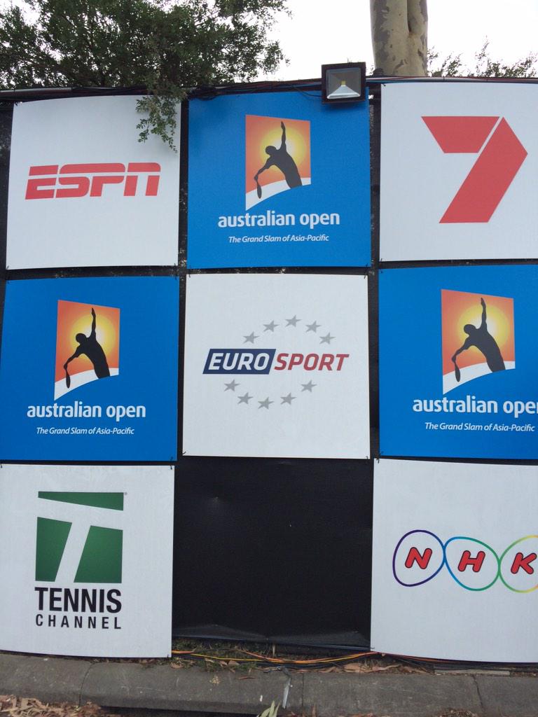 arnaudsimon's tweet photo. Eurosport in the heart of the action. #TVCompound #Entrance #AustralianOpen #Tennis http://t.co/UDEn9yIArZ