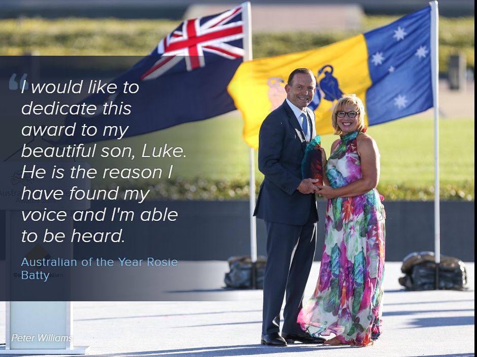 abcnews's tweet photo. Australian of the Year: Rosie Batty awarded top honour for efforts to stop family violence http://t.co/qdghiiEkeA http://t.co/llM5umpXEg