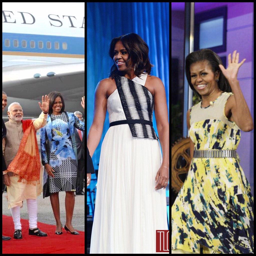 IndiaSociety's tweet photo. I am very happy The First Lady choose to wear @BibhuMohapatra again on this #arrival in #India @NYTFashion @FLOTUS http://t.co/xgLHThNFfd