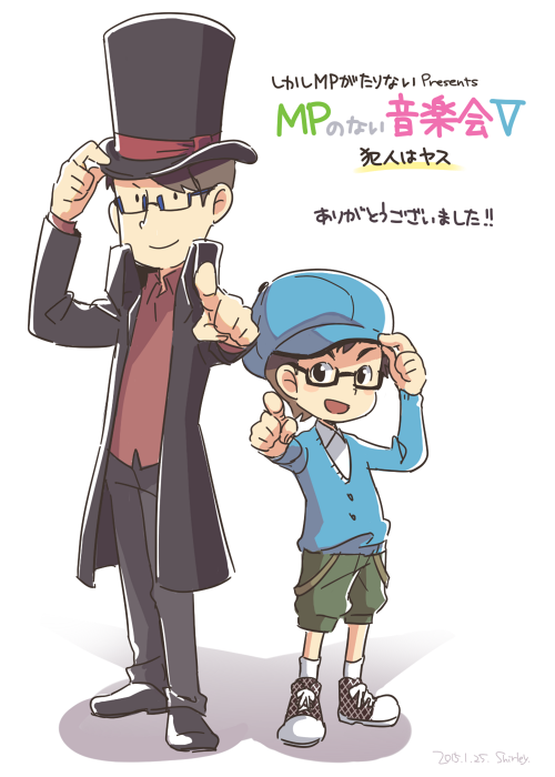 shirley5a's tweet photo. 改めまして演奏会ありがとうございました!チラシ、キャラ立ち絵等、色々描かせていただきました。
メイドインワリオの演出最後にヤストン・ヤース役の2人がこういうポーズとるのがかわいくてしょうがなかったので描きました。満足。 #MP5th http://t.co/BNsgPIYgd1