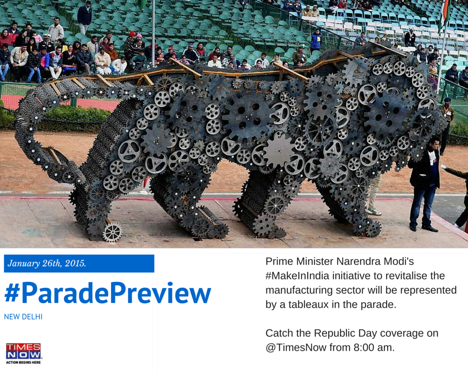 TimesNow's tweet photo. Watch mechanised lion symbolic of 'Make in India' campaign in the R-Day parade. Join from 8AM #ParadePreview http://t.co/bzzcUoy6eM