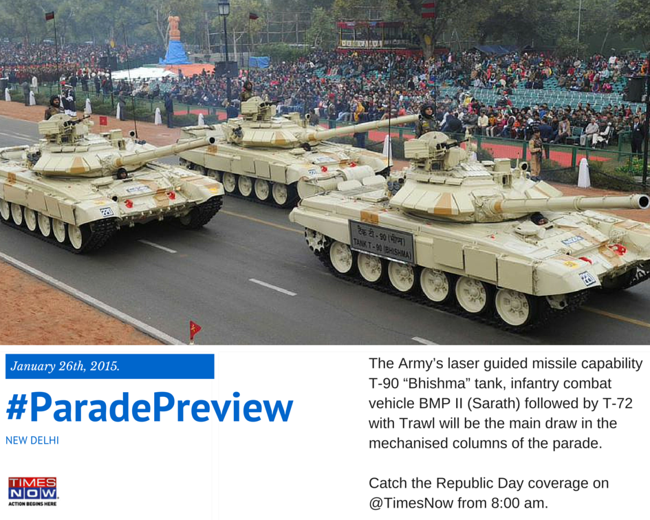 TimesNow's tweet photo. Watch T-90 Bheeshma tank at the R-Day parade. Catch Republic Day coverage on TIMES NOW from 8 AM #ParadePreview http://t.co/24MM81CVZT
