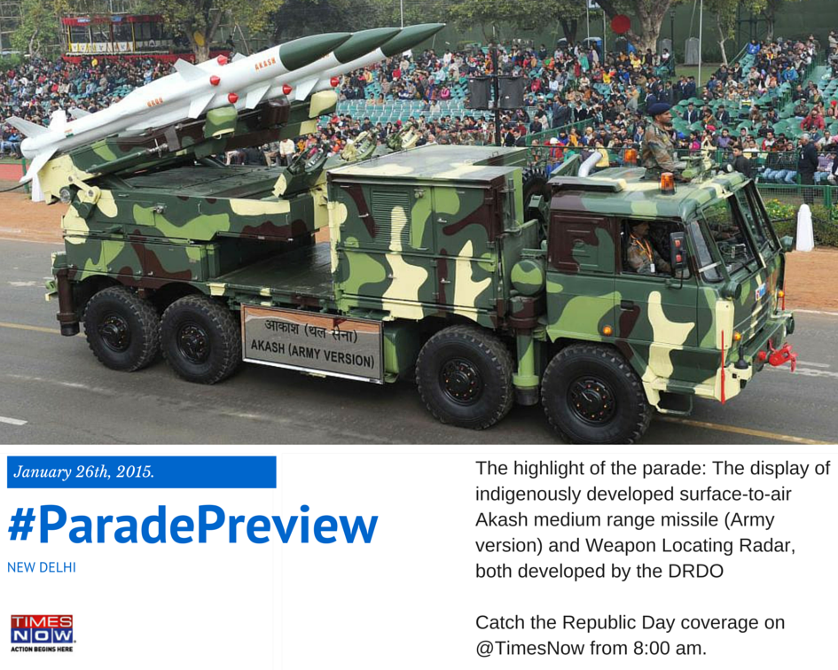 TimesNow's tweet photo. Watch Akash medium range missile at Rajpath. Catch Republic Day coverage on TIMES NOW from 8 AM #ParadePreview http://t.co/L2fSek8Wfz