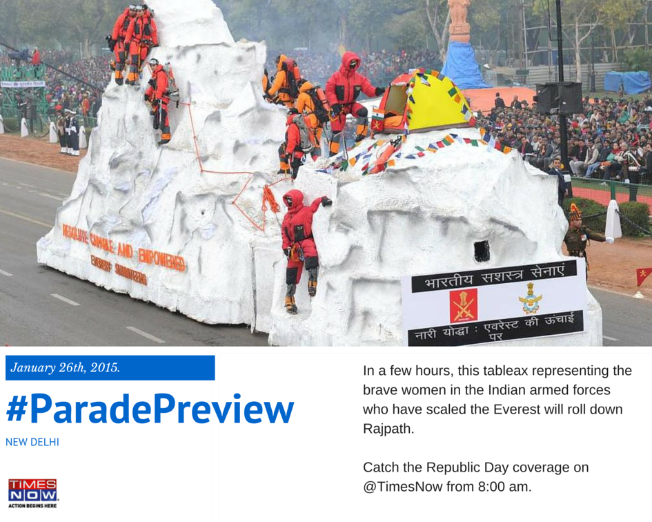 TimesNow's tweet photo. Watch tableau of Army displaying Everest mountaineering women’s team. Catch the coverage from 8 AM #ParadePreview http://t.co/OGYQnDUAuQ