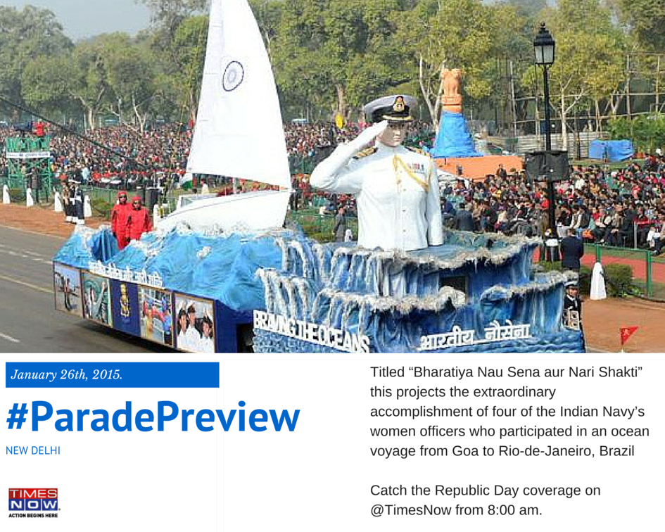 TimesNow's tweet photo. Watch tableau titled “Bharatiya Nau Sena aur Nari Shakti”. The coverage on TIMES NOW starts from 8 AM #ParadePreview http://t.co/TG6OsZNC3P