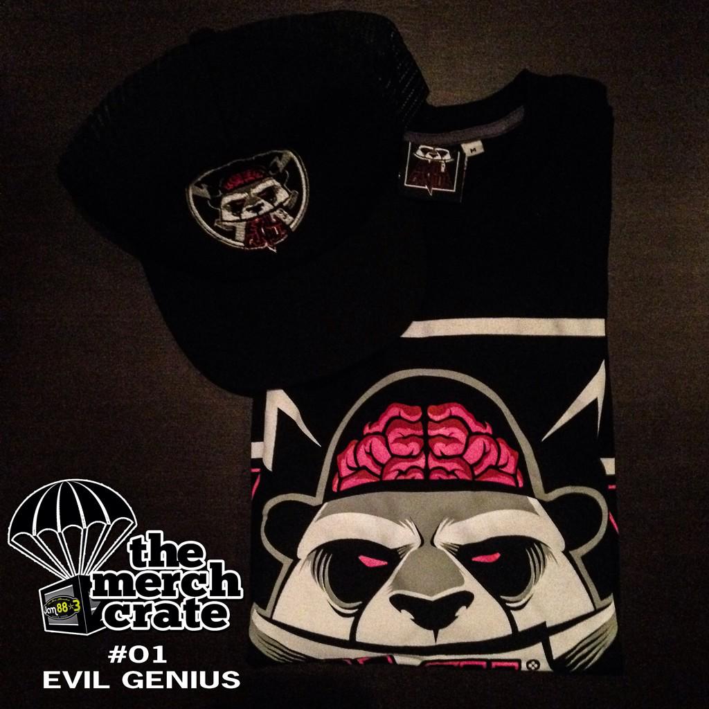 Jam883's tweet photo. 001 Evil Genius. We're starting it with these awesome items from @evilgeniuscc #TheMerchCrate http://t.co/MR9I40bSeK