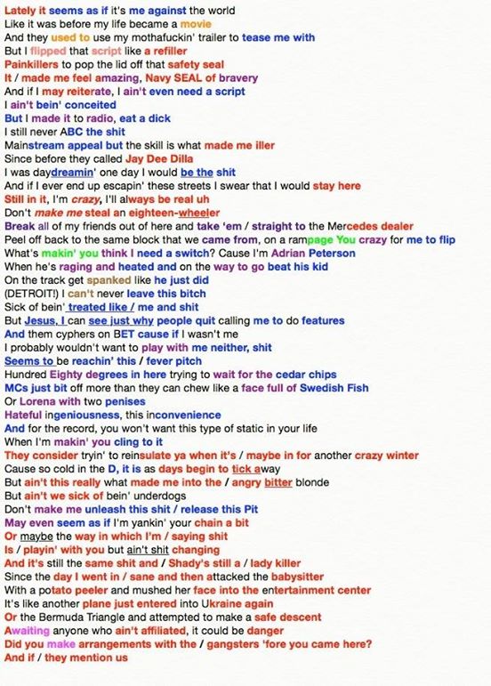 SShadyTR's tweet photo. "Detroit vs. Everybody" şarkısının Eminem liriklerinin eşsiz kafiye şeması. http://t.co/YzrkB80pg1