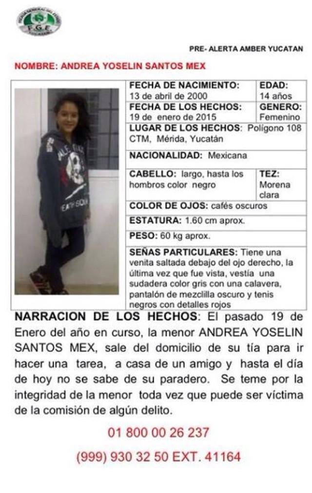 LaAlamedaYuc's tweet photo. #PreAlertaAmber ANDREA YOSELIN SANTOS MEX 14 AÑOS #MERIDA #YUCATAN 19/01/ 15 http://t.co/jdeUMVNi5w @fgeyucatan