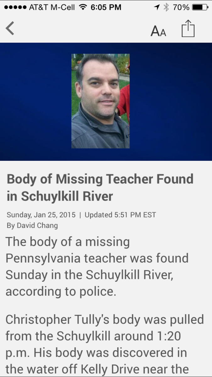 WiredEducator's tweet photo. #findtully very sad. Remarkable man. Missing Teacher Found in Schuylkill River http://t.co/jcEJa1nwfg http://t.co/iRAgfoySqY