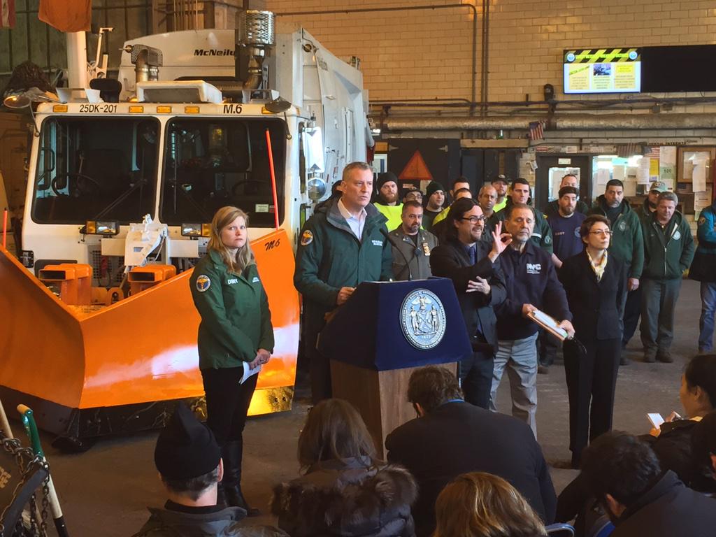 TomlinM's tweet photo. Bill de Blasio with sanitation crews &amp; warning about what he says will be one of the biggest storms to hit NYC. http://t.co/tc325HiHGy