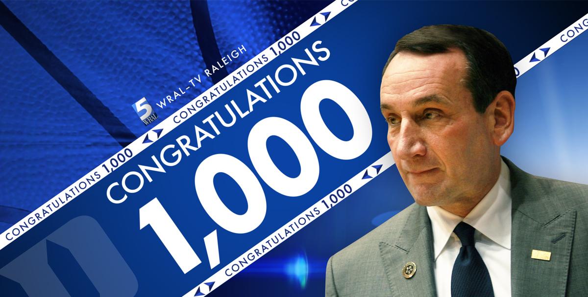 WRAL's tweet photo. Congratulations to #Duke head coach Mike Krzyzewski on win No. 1,000! http://t.co/mMCtAJI2IY http://t.co/bNyPRHiIan
