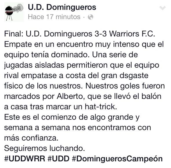 uddomingueros's tweet photo. Cronica del partido contra Warriors. Empate a 3 en un intenso partido en el que no hemos tenido suerte de cara al gol http://t.co/fETtY76K6m