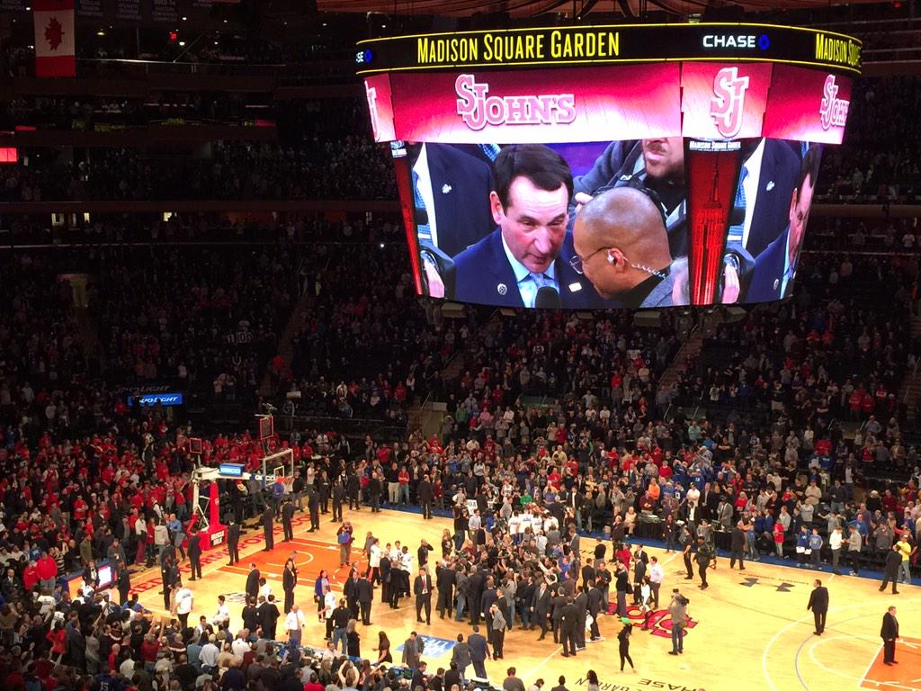 therealness's tweet photo. @therealness: The #DukevsStJohns game was awesome congrats #coachk on #win1000 http://t.co/ZyZ5ya5ti1