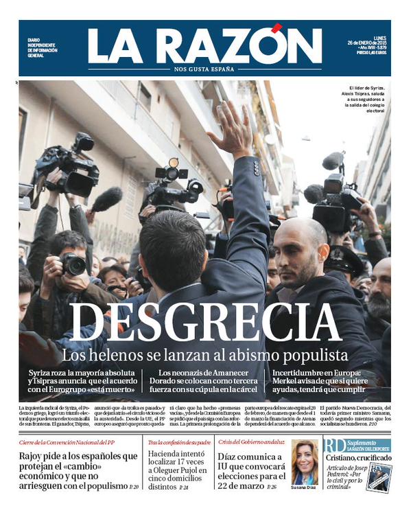 Portadas del ABC y La Razón sobre los resultados electorales en Grecia 2015 B8OpEEYCAAAwtnH