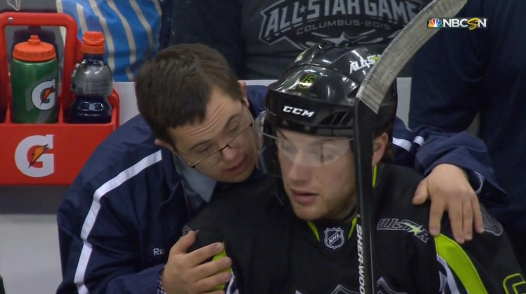GoalieWays's tweet photo. Darryl Sutter's son Chris coaching players during the All Star Game. I love this http://t.co/56ePJgwPQK