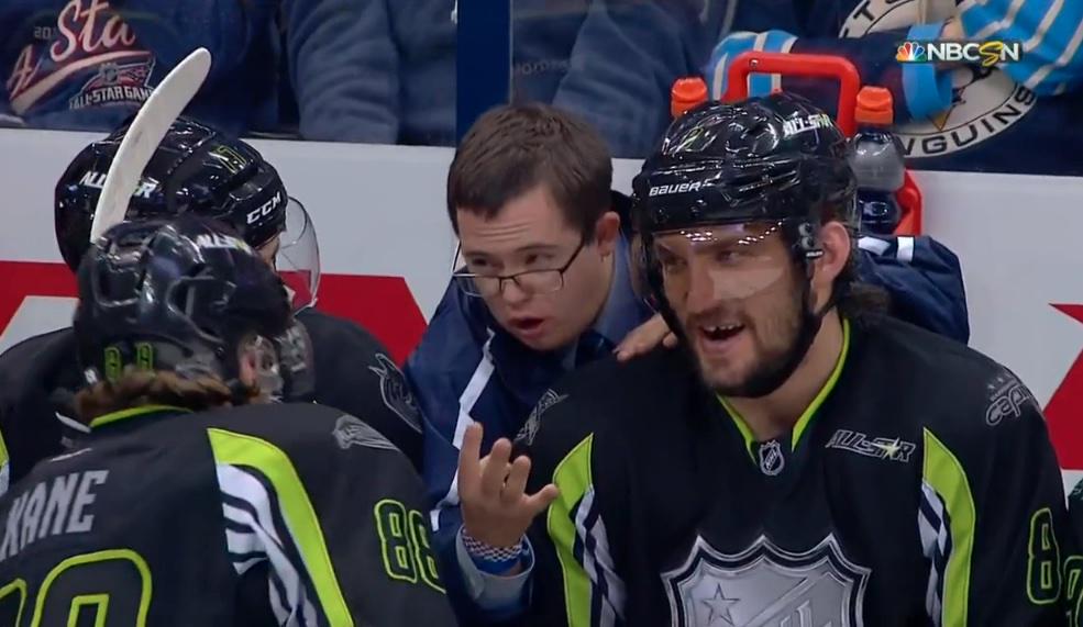 GoalieWays's tweet photo. Darryl Sutter's son Chris coaching players during the All Star Game. I love this http://t.co/56ePJgwPQK