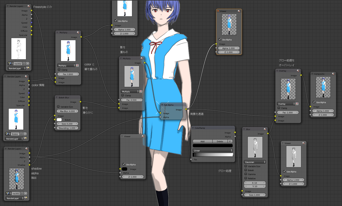 Soramame Blenderでふつうにレンダリングすると影の濃淡が調整できないから別シーンに分けてレンダリング して影色を調整するノードを組んだ シーンは3つにわけてfreestyle Color Shadowと別々にレンダリングして合成してみた Http T Co Xwncsivc2q