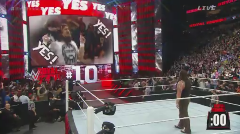 WWE's tweet photo. #RoyalRumble ENTRANT No. 10: @WWEDanielBryan
#RumbleNo10 #YES #YES #YES #YES http://t.co/KLElAnEjWx