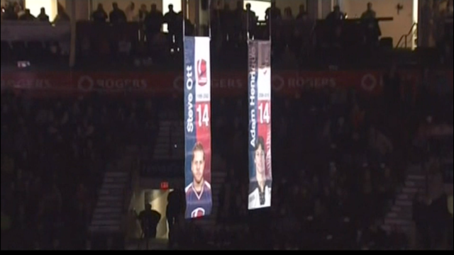 OHLHockey's tweet photo. Watch #OHL @SpitsHockey raise 14s to rafters for @StLouisBlues @otterN9NE @NHLDevils Henrique: http://t.co/2kXM118SnG http://t.co/brSgKJkA3v