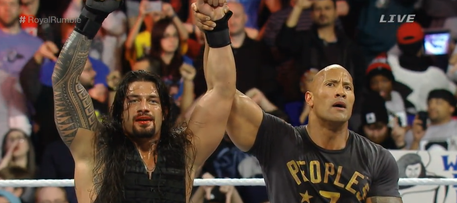 WWE's tweet image. .@WWERomanReigns eliminates @RusevBUL, hiding under the ring. Roman is GOING to @WrestleMania!! #RoyalRumble