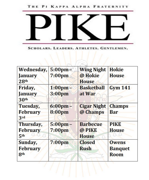 vtpikes's tweet photo. A look at our spring rush schedule! First event is tomorrow! http://t.co/HKXLPURABW
