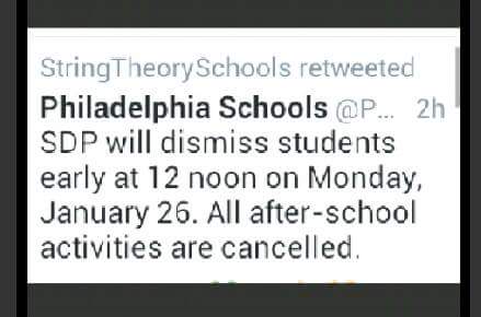 DeniListaCott's tweet photo. #StringTheorySchools @Stringtheoryedu #PhiladelphiaSchools @PhillyEducation - -Noon Dismissal for January 26, 2015. http://t.co/dQV2ck6EQS