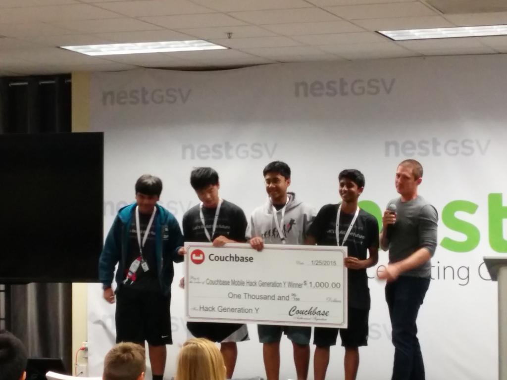 ingenthr's tweet photo. The @CouchbaseMobile prize winning team at #hackgeny was OnTime. Congrats! http://t.co/sChha8W6Js