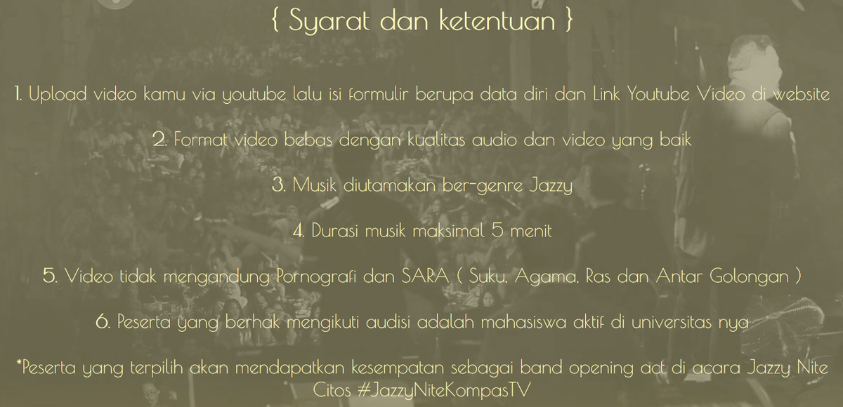 Jadilah bagian dari @JNite_KompasTv dengan mendaftarkan band kamu di #JazzyNiteOpenAudition goo.gl/KyxiyA