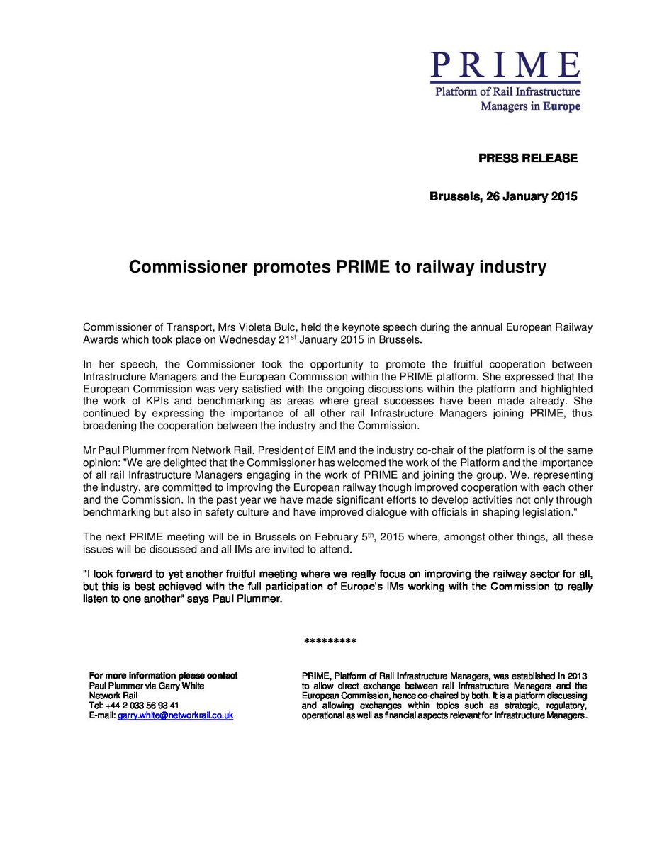Prime_Infra's tweet photo. Press Release - Commissioner of Transport, Mrs Violeta Bulc, promotes PRIME to railway industry. http://t.co/IOXbkSNFeN
