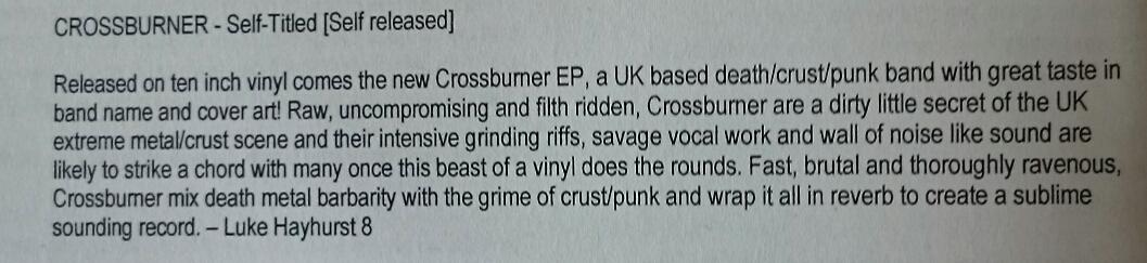 <a href="/Crossburnerband/">Crossburner</a> review of the self titled 10" vinyl release from Northern darkness zine