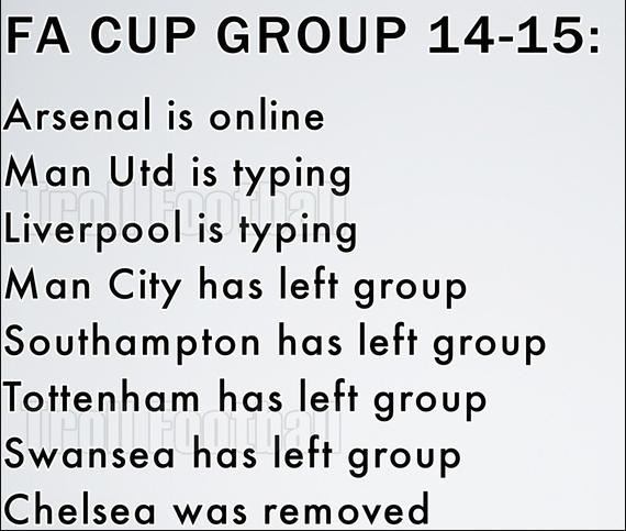 FootballFunnys's tweet photo. The FA Cup Whatsapp group http://t.co/2ATXN50rok