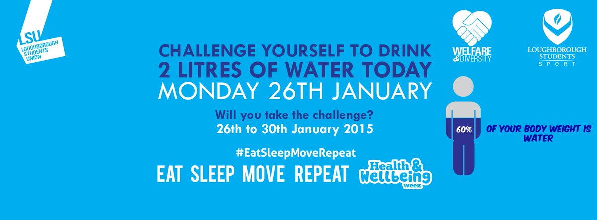 LSU_Welfare's tweet image. Health &amp;amp; Wellbeing Week starts today! Will you take the challenge?
Day 1: DRINK 2 LITRES OF WATER
#eatsleepmoverepeat