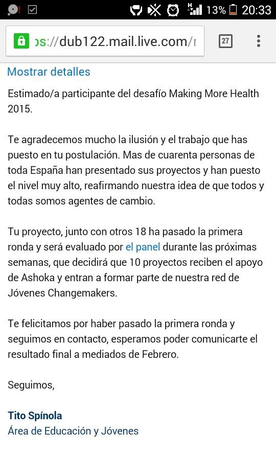 ProyectoSOLtc's tweet image. Proyecto SOL ha pasado la primera ronda del Desafío Making More Health de @AshokaSpain @changemakers @HistoriasCambio