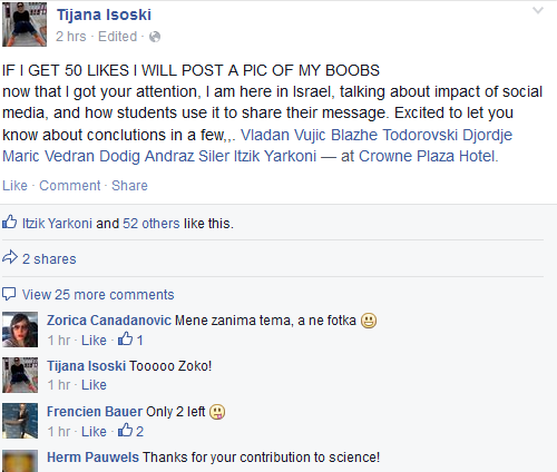ItzikYarkoni's tweet photo. Check out our BOMAH Facebook-Challenge results. Interesting strategies :) #Tafnit_ESU #Tafnit #Tafnit2015 http://t.co/C3pje0YD8r