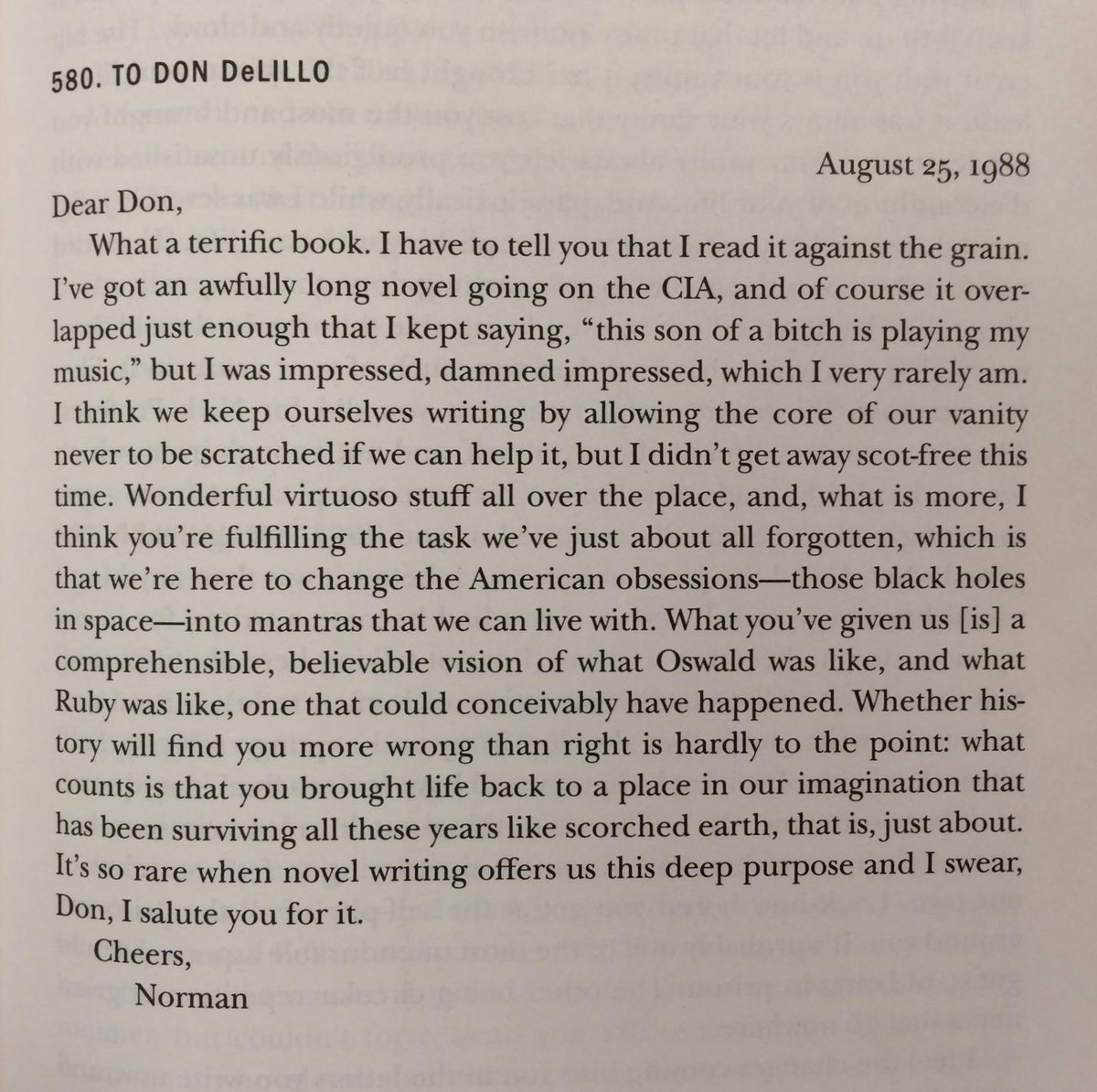 dondelilloinfo's tweet photo. "I was impressed, damned impressed, which I rarely am." Norman Mailer's (full) letter to DeLillo upon reading Libra: http://t.co/7oDPcMitoG
