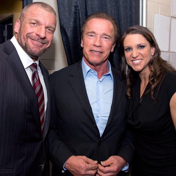 TripleH's tweet photo. It's a privilege to welcome @Schwarzenegger into the #WWEHOF. A true inspiration to generations of #WWE Superstars. http://t.co/F7MSfnM13s
