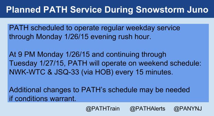 PANYNJ's tweet image. Planned #PATHTrain Service During #BlizzardOf2015. Follow @PATHTrain/@PATHAlerts for updates.