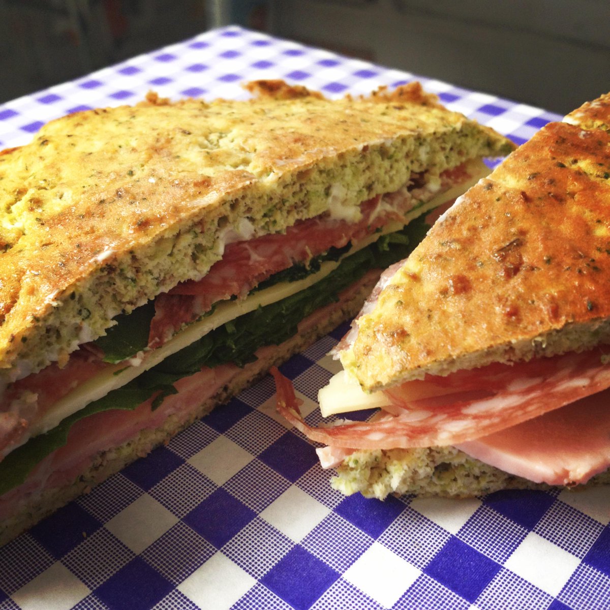 planbread's tweet photo. Ham, Swiss Cheese &amp; Salami on #BroccoliBread - practically carb free  http://t.co/9H0D4eAnmO http://t.co/pFT10tFee2