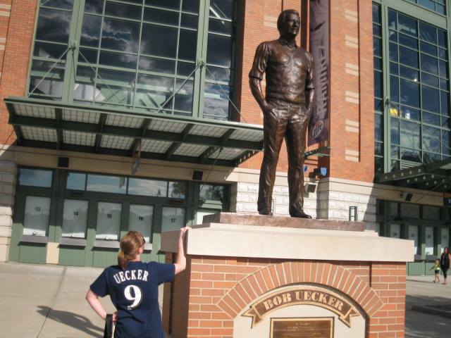 Happy birthday, Bob Uecker! Here\s a photo of me in my Ueck shirt next to his statue at Miller Park. 