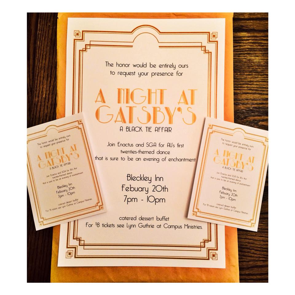 AU's first ever Gatsby themed dance will be held February 20th at the Bleckley Inn! We'd love to see you there! :)