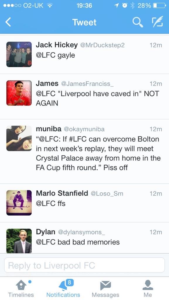 HLTCO's tweet photo. Liverpool fans react to drawing Palace...

Fair to say, they're not happy. http://t.co/kEOG3ly4mD