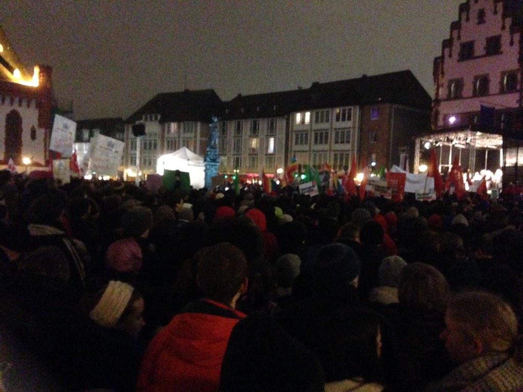 AHaermeyer's tweet photo. Proud of #Frankfurt tonight as 15,000 tell 40 - 50 neoNazis "you're NOT welcome here" #NOGIDA #NieWida http://t.co/UpWzDcpQDa