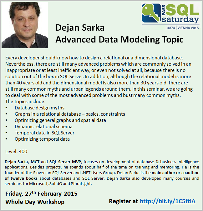 Wolfgang Strasser (@wstrasser) on Twitter photo Do you model your DB right? Join <a href="/DejanSarka/">Dejan Sarka</a> at #sqlsatvienna's pre-con. Februar 27th #sqlpass_at Do you model your DB right? Join <a href="/DejanSarka/">Dejan Sarka</a> at #sqlsatvienna's pre-con. Februar 27th #sqlpass_at
