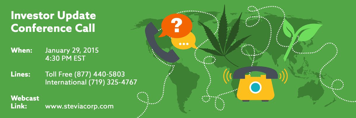 SteviaCorp's tweet image. $STEV Investor Update Conference Call - January 29, 2015 at 4:30 PM EST goo.gl/rWPhuO