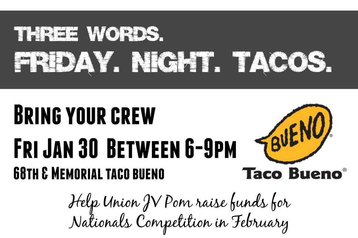 Friday.Night.Tacos. Bring ur crew to Taco Bueno 68th/Memorial this Fri 6-9p! Help UJVP raise $ for Nationals #ujvp